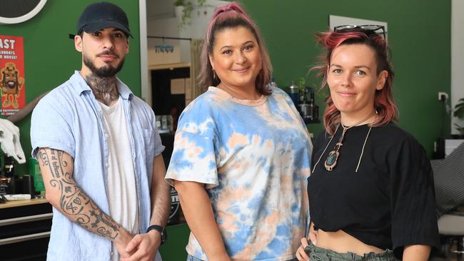 Shorty's barbers Kris Iratni, owner Lianne Wright and Kaitlyn Smith. Picture: Brendan Radke