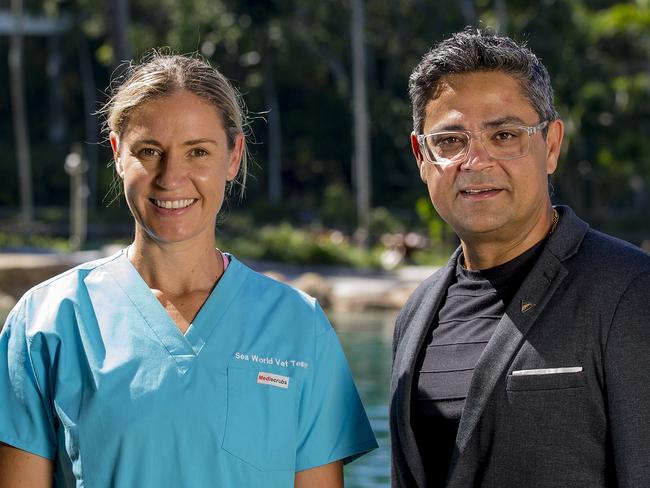 Sea World Foundation Head Veterinarian Dr Claire Madden and Village Roadshow Theme Parks COO Bikash Randhawa. Picture: Jerad Williams.