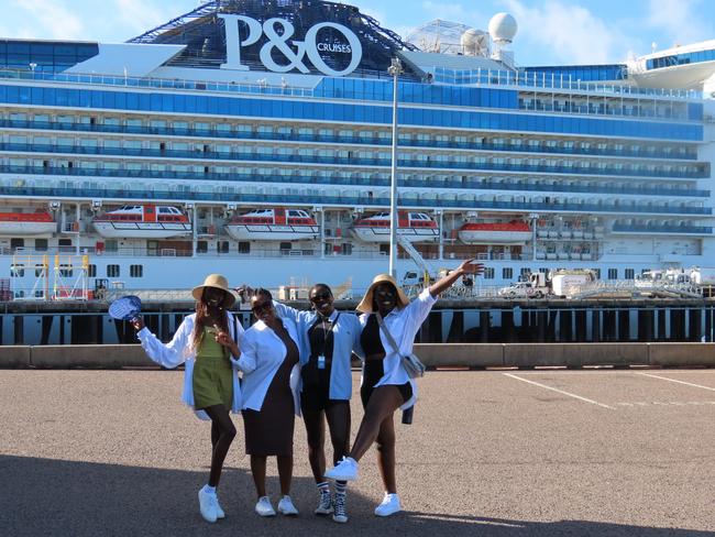 Interstate passengers disembark P&amp;O Pacific Adventure. Nanifas Komi, Ragusa Abusador, Julia Koko, Robel Tag. Picture: Elise Graham