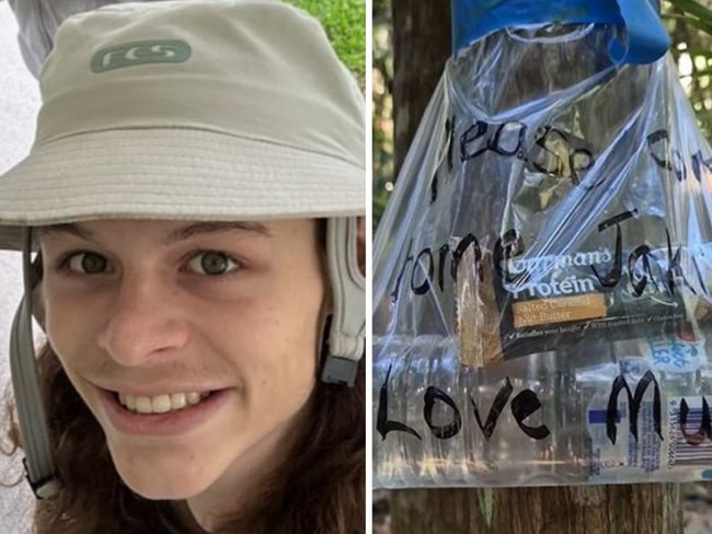 Jacob Partridge and one of the care packages placed around bushland at Emerald Beach.