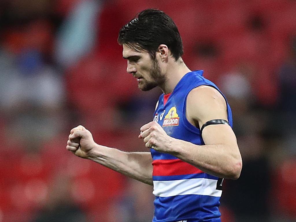 Easton Wood of the Bulldogs celebrates victory at the final whistle against Greater Western Sydney Giants at GIANTS Stadium last weekend. Picture: Mark Metcalfe/Getty Images