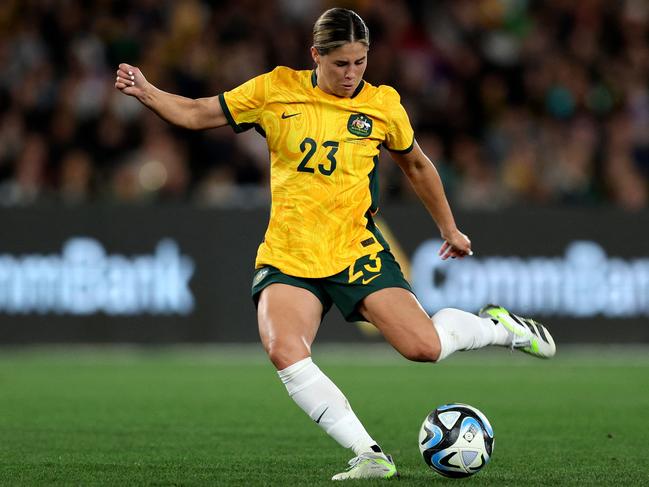 Australia's Kyra Cooney-Cross shoots at goal during the women's International football friendly match between Australia and France at Marvel Stadium in Melbourne on July 14 2023. (Photo by Martin KEEP / AFP) / -- IMAGE RESTRICTED TO EDITORIAL USE - STRICTLY NO COMMERCIAL USE --