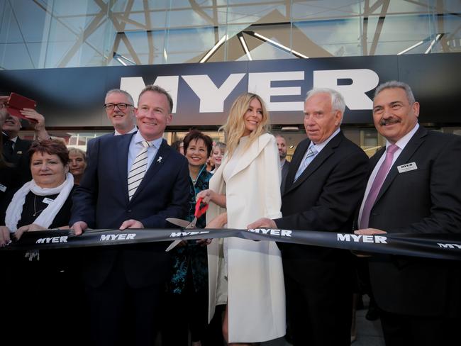 (L-R) Daniel Bracken Myer Chief Merchandise and Marketing Officer, Premier Will Hodgman, Hobart Lord Mayor, Sue Hickey, Myer ambassador Jen Hawkins, property developer Emmanuel Kalis and Hobart Myer manager Peter Monachetti officially open the store. LUKE BOWDEN