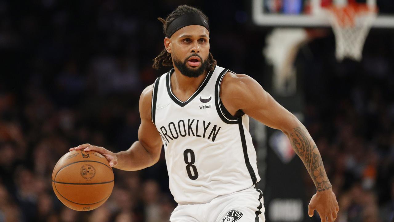 NEW YORK, NEW YORK - APRIL 06: Patty Mills #8 of the Brooklyn Nets dribbles during the first half against the New York Knicks at Madison Square Garden on April 06, 2022 in New York City. NOTE TO USER: User expressly acknowledges and agrees that, by downloading and or using this photograph, User is consenting to the terms and conditions of the Getty Images License Agreement. (Photo by Sarah Stier/Getty Images)