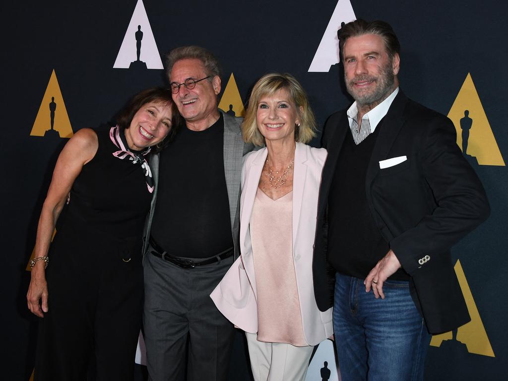 Olivia Newton-John at the 40th anniversary of Grease celebration in 2018 with Didi Conn, Barry Pearl and John Travolta. Picture: AFP