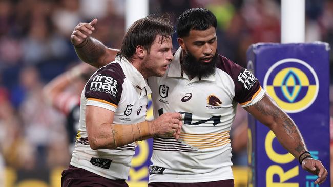 SYDNEY, AUSTRALIA - MARCH 06: Jack Gosiewski of the Broncos celebrates a a try during the round one NRL match between Sydney Roosters and Brisbane Broncos at Allianz Stadium, on March 06, 2025, in Sydney, Australia. (Photo by Matt King/Getty Images)