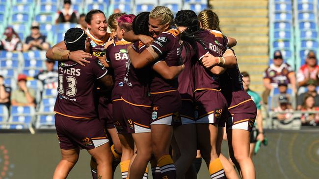 The Broncos celebrate their win over the Roosters during the NRL Women's Premiership Grand Final. Picture: AAP