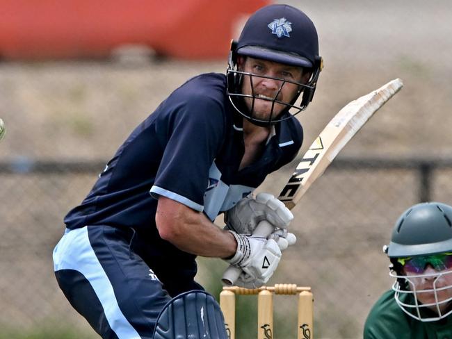 KewÃs David Wildsmith and SpotswoodÃs Ross Horkings during theVSDCA Spotswood v Kewcricket match in Spotswood, Saturday, Jan. 6, 2024. Picture: Andy Brownbil