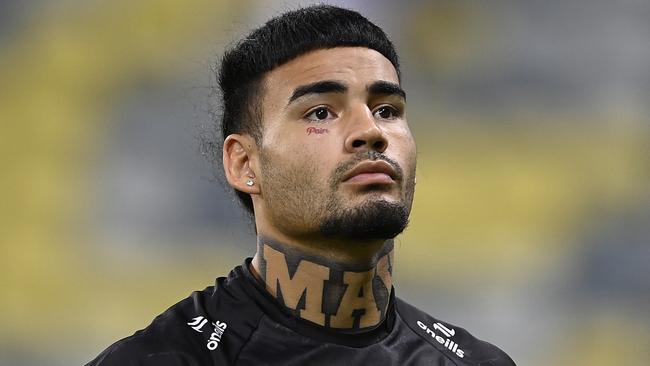 TOWNSVILLE, AUSTRALIA - APRIL 27: Taylan May of the Panthers looks on before the start of the round eight NRL match between North Queensland Cowboys and Penrith Panthers at Qld Country Bank Stadium, on April 27, 2024, in Townsville, Australia. (Photo by Ian Hitchcock/Getty Images)