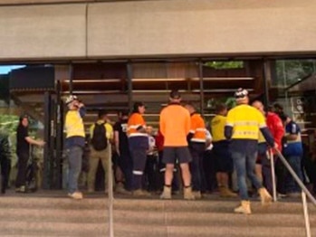 CFMEU protesters storm TMR building Mary St, Brisbane on Tuesday. Picture: Supplied