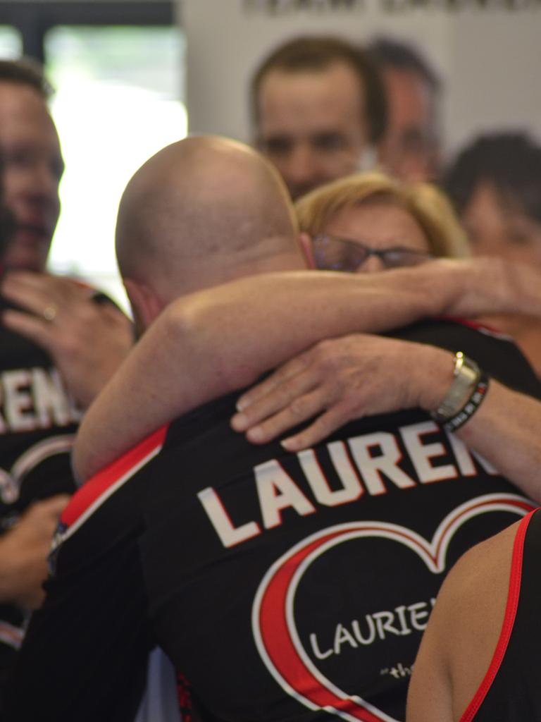 Row for a Cure organiser Dave Sexton embraces Cheryl Pavone as the 2020 Laurie's Love Row for a Cure came to an end.