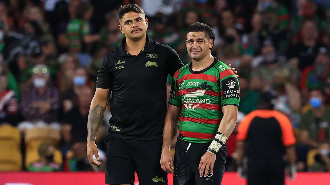 Latrell Mitchell consoles Cody Walker after the 2021 NRL Grand Final between the Penrith Panthers and Souths Sydney Rabbitohs at Suncorp Stadium in Brisbane. Pics Adam Head