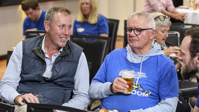 Groom LNP candidate Garth Hamilton (left) talks with volunteers at Club Toowoomba on federal election night, Saturday, May 3, 2025. Picture: Kevin Farmer