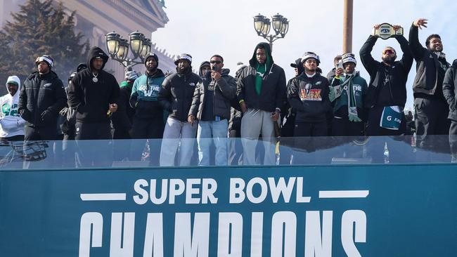 The Philadelphia Eagles celebrate in their home city. Photo by Emilee Chinn / GETTY IMAGES via AFP.