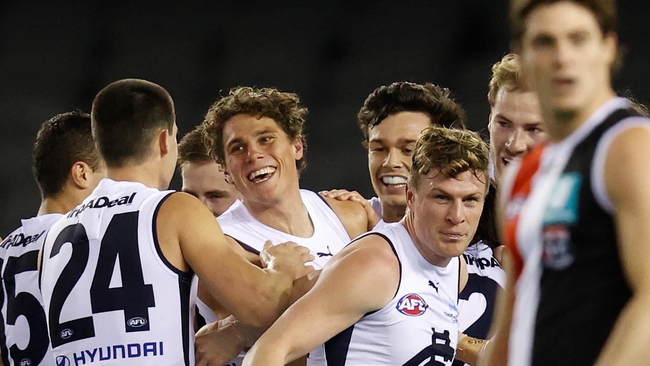 Charlie Curnow of the Blues celebrates a goal against St Kilda.