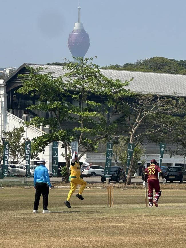 Grant Dew bowls against the West Indies in Colombo. Picture: Australian Over 50s Cricket.