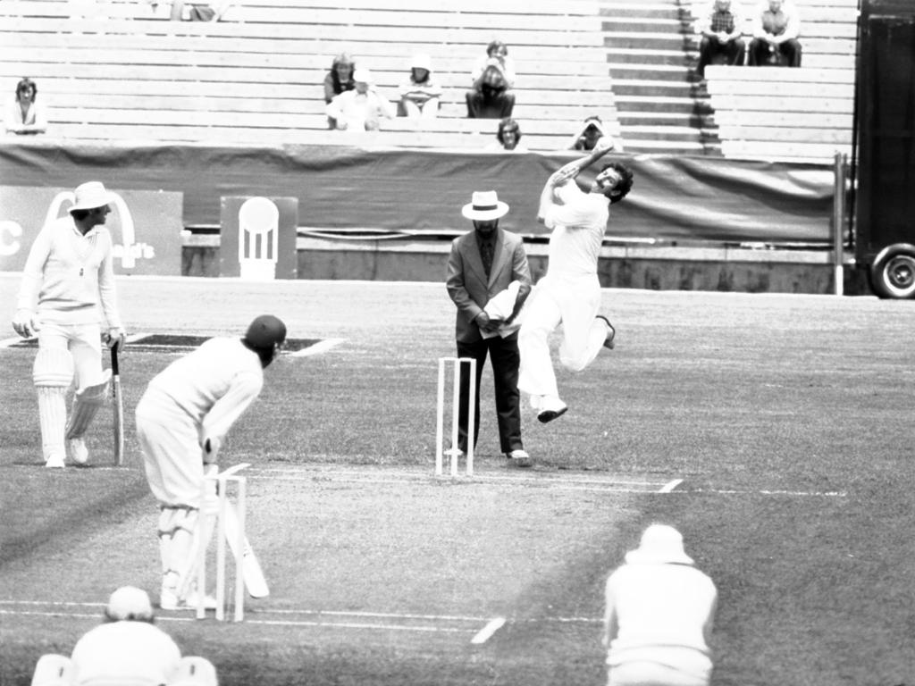 Dennis Lille bowls during World Series Cricket in December 1978.