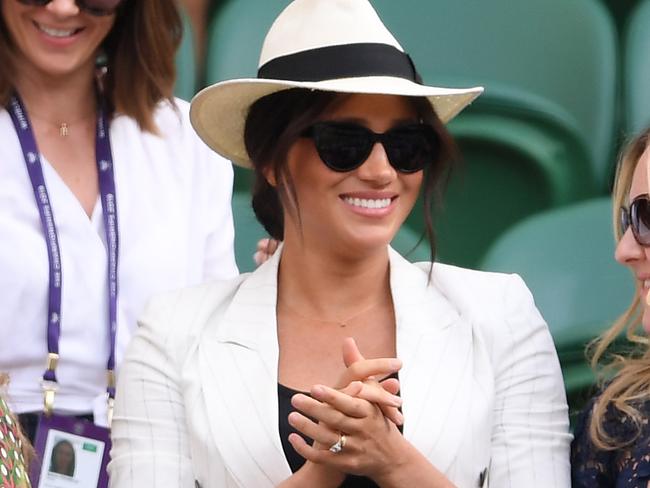 LONDON, ENGLAND - JULY 04: Meghan Markle, Duchess of Sussex watches on during the ladies' Singles Second round match between Serena Williams of The United States and Kaja Juvan of Slovenia during Day four of The Championships - Wimbledon 2019 at All England Lawn Tennis and Croquet Club on July 04, 2019 in London, England. (Photo by Laurence Griffiths/Getty Images)