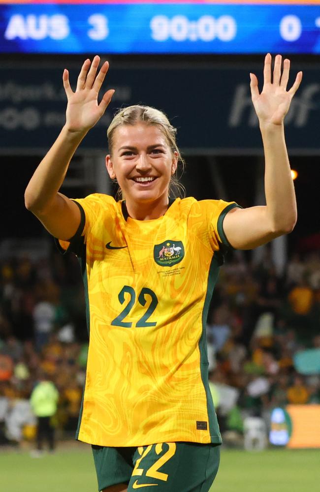 Charli Grant of the Matildas acknowledges the crowd after the win during the AFC Women's Asian Olympic Qualifier match between Australia Matildas and Chinese Taipei in Perth in early November. Picture: Getty Images