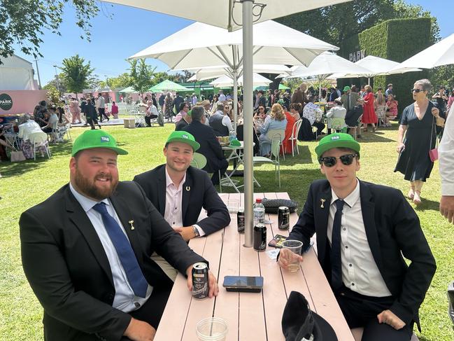 RIley Skene, Ben Nolan and Finlay Sylow enjoying the Melbourne Cup. Picture: Oscar Jaeger