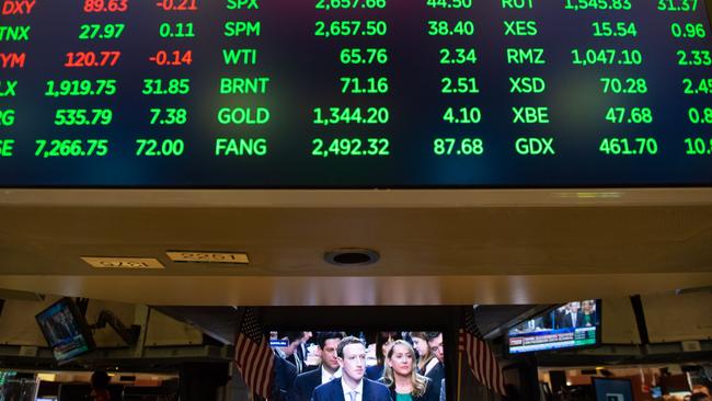 A broadcast of Mark Zuckerberg testifying on Capital Hill is televised on the floor at the closing bell of the Dow Industrial Average at the New York Stock Exchange. Picture: AFP.