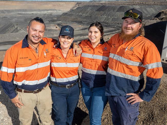 17 June 2024 Carmichael Mine, Qld - Brianna Jozsef (2nd from right) is joined by her (from left) uncle Sammy Jellick, cousin Corey Jellick and mum Chanel Jozsef who all work at Bravus Mining and Resources' Carmichael Mine - Photo: Cameron Laird