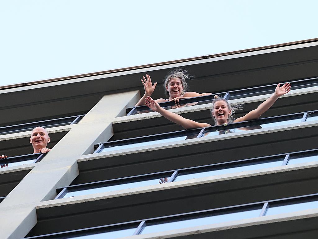 Members of the Australian Olympic team during their hotel quarantine stay in Sydney. For most travellers, hotel quarantine looked a bit more grim. Picture: NCA NewsWire / Dylan Coker