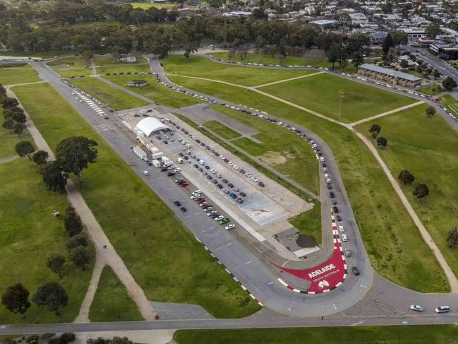 An aerial image shows the huge line up for testing at Victoria Park on Wednesday July 21, 2021. Photo: Roy Van Der Vegt