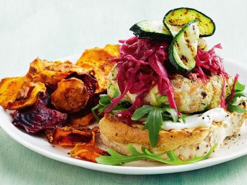 Low-cal chicken burgers with sweet potato and beetroot chips.