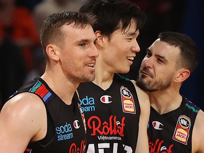 PERTH, AUSTRALIA - JUNE 20: Chris Goulding of Melbourne United celebrates the 3 point shot by Yudai Baba on the half time siren during game two of the NBL Grand Final Series between the Perth Wildcats and Melbourne United at RAC Arena, on June 20, 2021, in Perth, Australia. (Photo by Paul Kane/Getty Images)