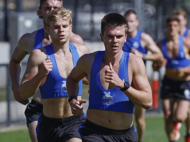 NCA. MELBOURNE, AUSTRALIA. 11th November 2024. AFL.  North Melbourne training at  Arden St oval.   Colby McKercher on his way to comfortably winning the 2km time trial on the first official day back for the 1-4 year players .  Picture: Michael Klein