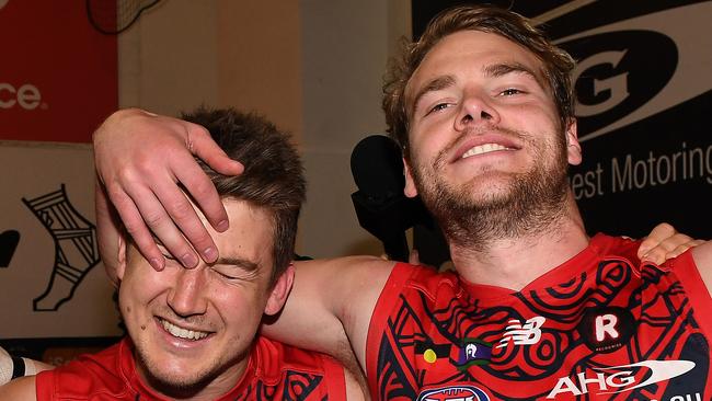 Jack Trengove celebrates the win with Jack Watts. Photo: AAP Image/Julian Smith