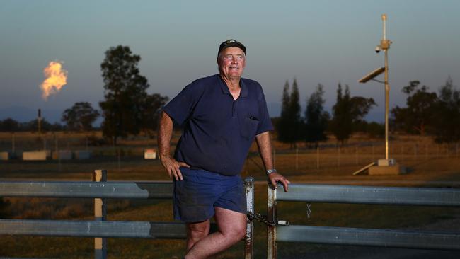 Gas flares from pilot wells on farmer Peter Gett's property. Picture: Britta Campion/The Australian