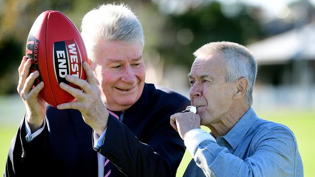 MARK. That was the infamous call of SANFL field umpire Des Foster, right, for Norwood hero Phil Gallagher in the 1978 grand final at Football Park. Picture: Mark Brake.
