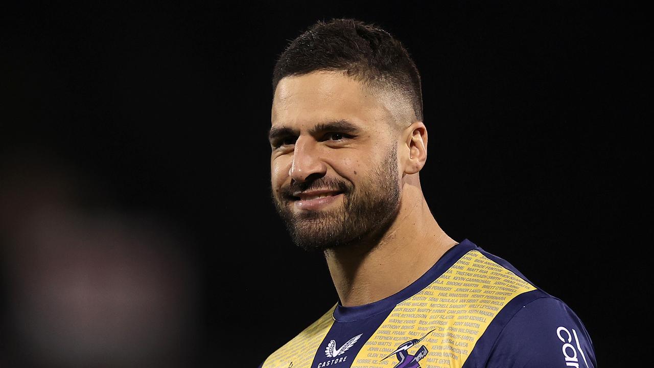 PENRITH, AUSTRALIA - AUGUST 11: Jesse Bromwich of the Storm looks on before the round 22 NRL match between the Penrith Panthers and the Melbourne Storm at BlueBet Stadium on August 11, 2022, in Penrith, Australia. (Photo by Cameron Spencer/Getty Images)