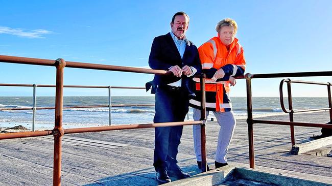 Kingston District Council CEO Nat Traeger and Mayor Jeff Pope at Kingston Jetty. Picture: Nat Morris