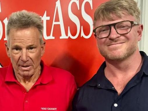 Sam Newman poses with notorious neo-Nazis Blair Cottrell and Thomas Sewell. Picture: X