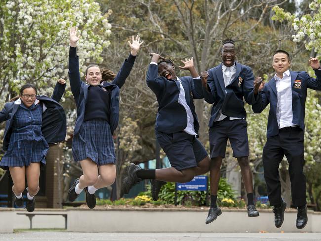 St Francis Xavier College students Cassandra, Harper, Justin, Mawien and Edward in Beaconsfield, Thursday, Oct. 10, 2019. The school received the most in government funding of any school in Victoria - but this is because it's one of the fastest growing schools in the state, with a diverse student population, in a burgoening growth area.Picture: Andy Brownbill