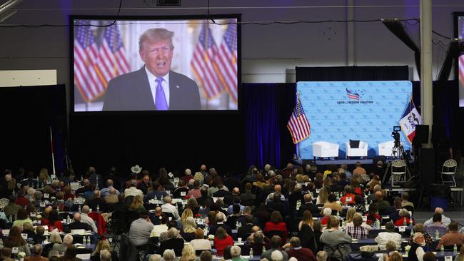 Donald Trump speaks to supporters in Iowa via video link. Picture: Getty Images via AFP.