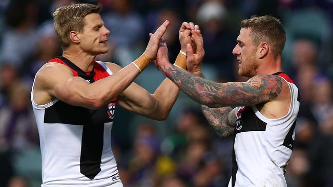 Nick Riewoldt and Tim Membrey celebrate a goal against Fremantle. (Photo by Paul Kane/Getty Images)
