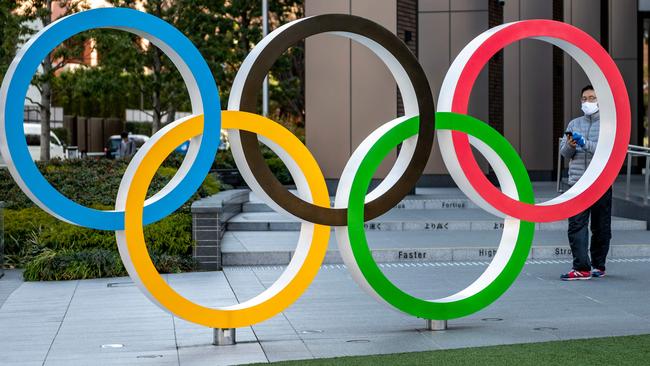 The Olympic rings outside the Olympic Museum in Tokyo.