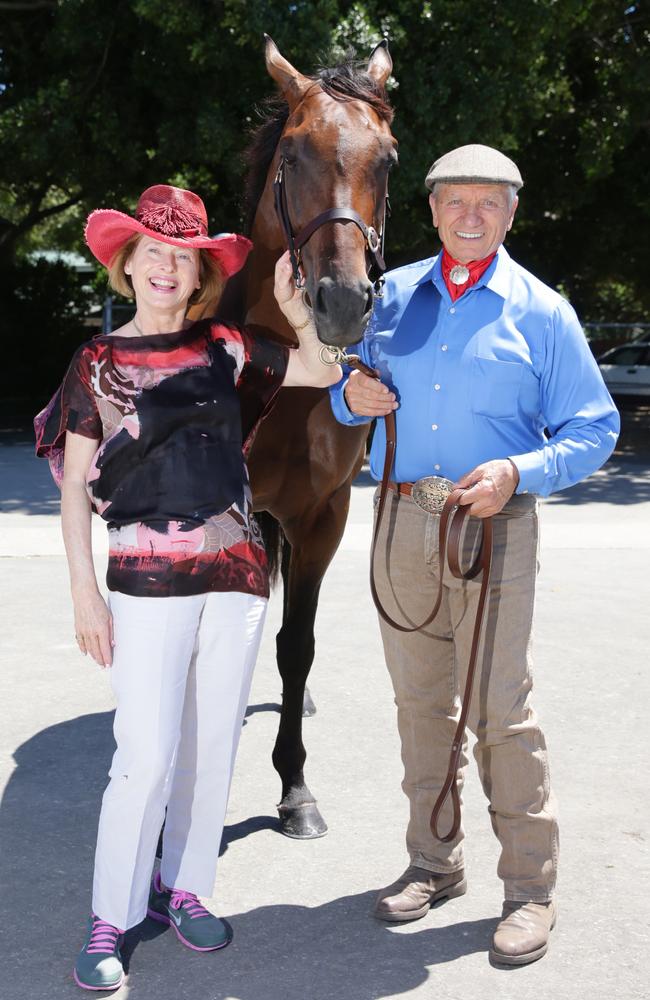 Gai Waterhouse, Monty Roberts and Carlton House at the equine pool at Randwick racecourse.