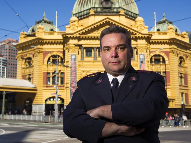 Salvation Army Major Brendan Nottle at Flinders Street Station. Picture: Sarah Matray