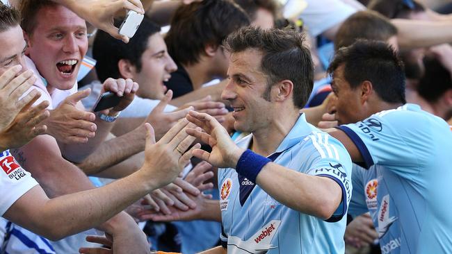 Melbourne Victory v Sydney FC at Etihad Stadium. 26th January, Melbourne Australia, Alessandro Del Piero celebrates with the fans after the 5-0 win. Pic George Salpigtidis