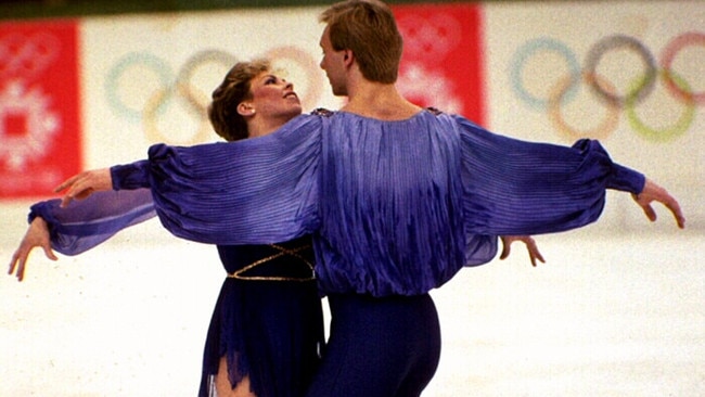 Ice skater Jayne Torvill with Christopher Dean during their medal gold-winning "Bolero" ice dancing routine at 1984 Winter Olympics in Sarajevo.