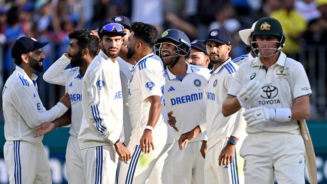 India’s paceman Jasprit Bumrah celebrates the wicket of Australia's Marnus Labuschagne.