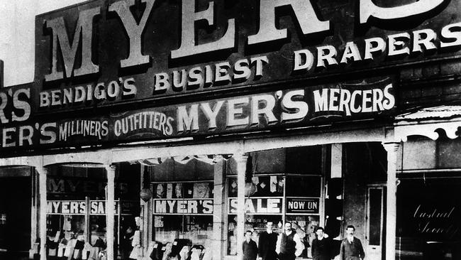 The late Sidney Myer, third from left, outside the first Myer shop at Bendigo circa 1910.