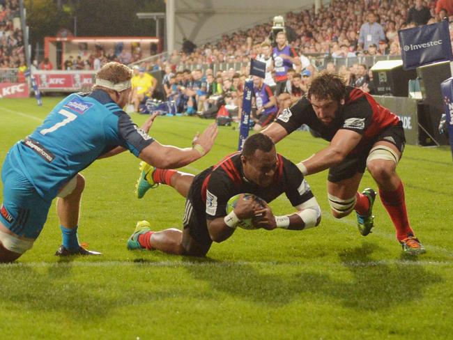 CHRISTCHURCH, NEW ZEALAND - MARCH 17: Manasa Mataele of the Crusaders dives over to score a try during the round four Super Rugby match between the Crusaders and the Blues at AMI Stadium on March 17, 2017 in Christchurch, New Zealand. (Photo by Kai Schwoerer/Getty Images)