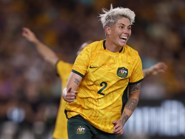 Michelle Heyman of the Matildas celebrates one of her four goals. Darrian Traynor/Getty Images)