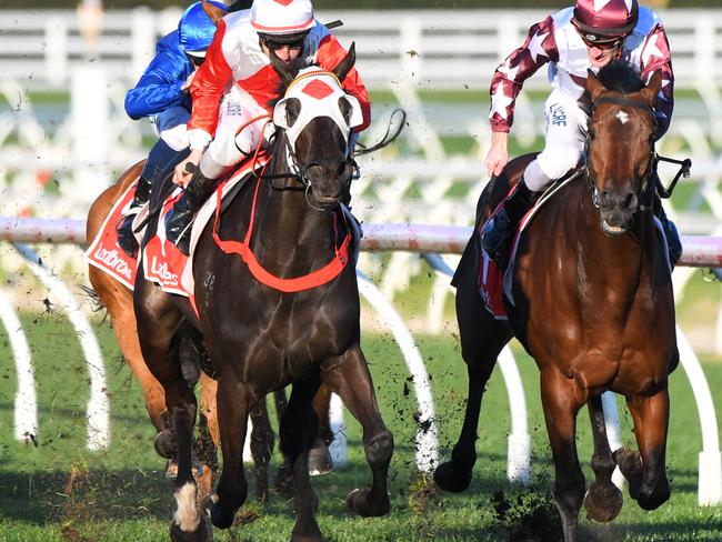 Jockey Anthony Darmanin rides Mystic Journey to victory in the P.B. Lawrence Stakes.